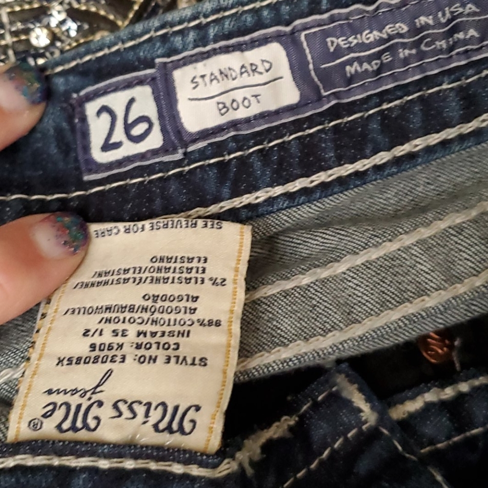 Miss Me Standard Boot Cut Designer Rhinestone Denim Blue Jeans - Long Length - Picture 7 of 9